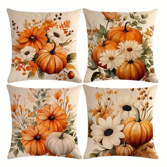 🍂 NEW FALL SET OF 4 PILLOW COVERS 🎃 Pumkins & Florals 💐 - Picture 1 of 6